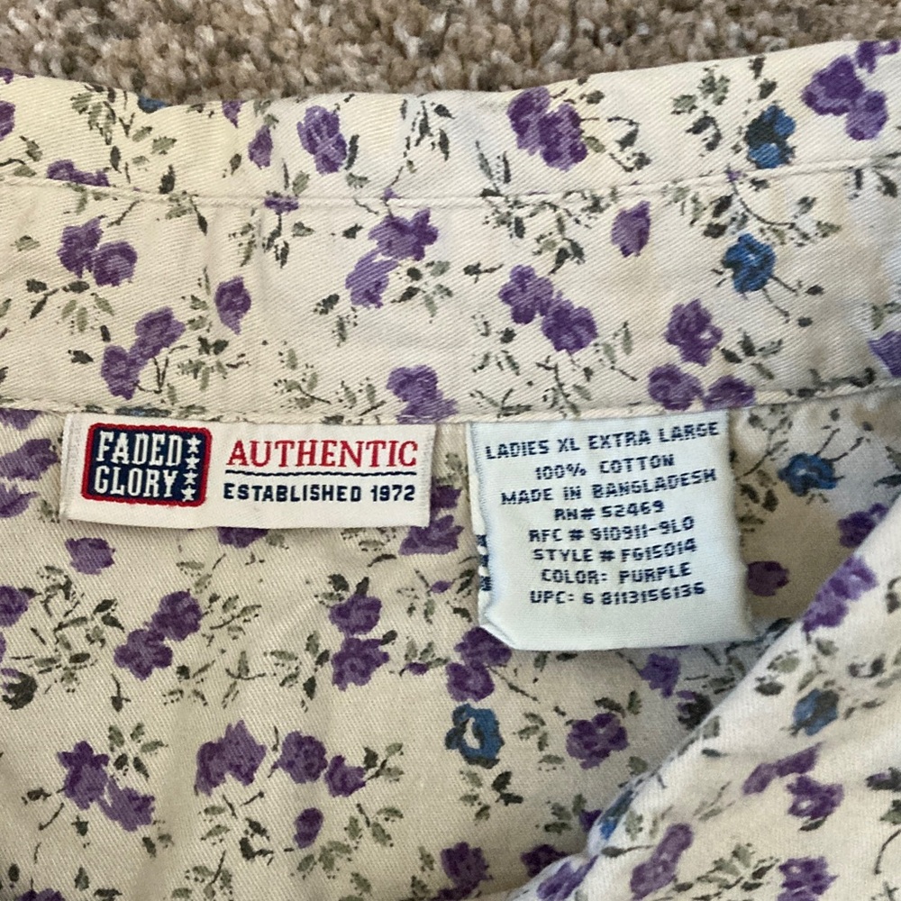Faded Glory Purple Floral Shirt 3/4 quarter sleeves